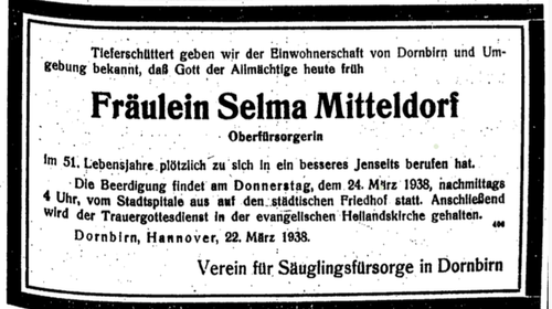 Gedenkveranstaltung / Vortrag: "Selma Mitteldorf. 'Oberfürsorgerin' von Vorarlberg"