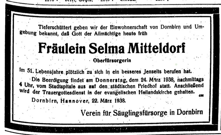 Das Vorarlberger Tagblatt vom 23.03.1938 informierte die Öffentlichkeit über den Tod von Selma Mitteldorf. (Quelle: ANNO – Österreichische Nationalbibliothek)