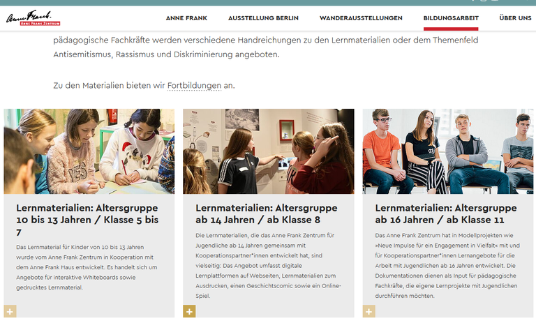 Lernmaterialien auf der Website des Anne Frank Zentrums Berlin