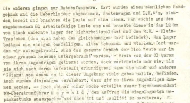 Es sind nur 17 Überlebende von Malyj Trostenez bekannt. Hier im Bild: Der Bericht des Wiener Überlebenden Wolf Seiler, beschreibt die Ankunft in Malyj Trostenez (DÖW). 