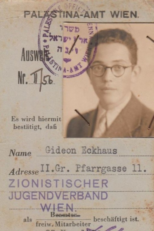 Gideon Eckhaus‘ Ausweis für das Palästina-Amt Wien (1938).