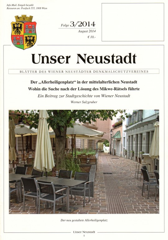 itelseite der Zeitschrift „Unser Neustadt. Blätter des Wiener Neustädter Denkmalschutzvereines“ vom September 2014