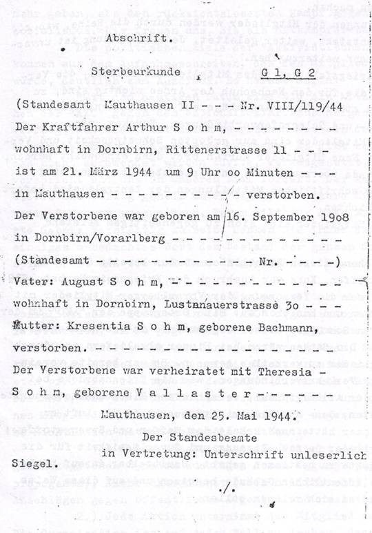 Sterbeurkunde Arthur Sohm, ausgestellt durch KZ Mauthausen