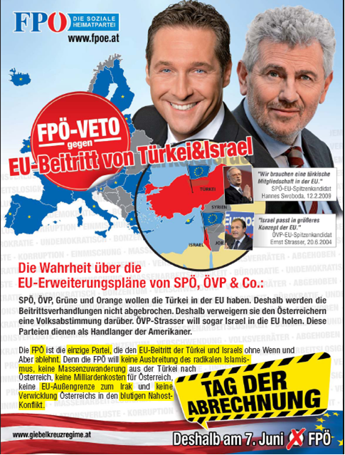Wahlwerbung, die auf Antisemitismus, Fremdenangst ud Antiamerikanismus setzt? Wahlplakat der FPÖ im EU-Wahlkampf Mai 2009
