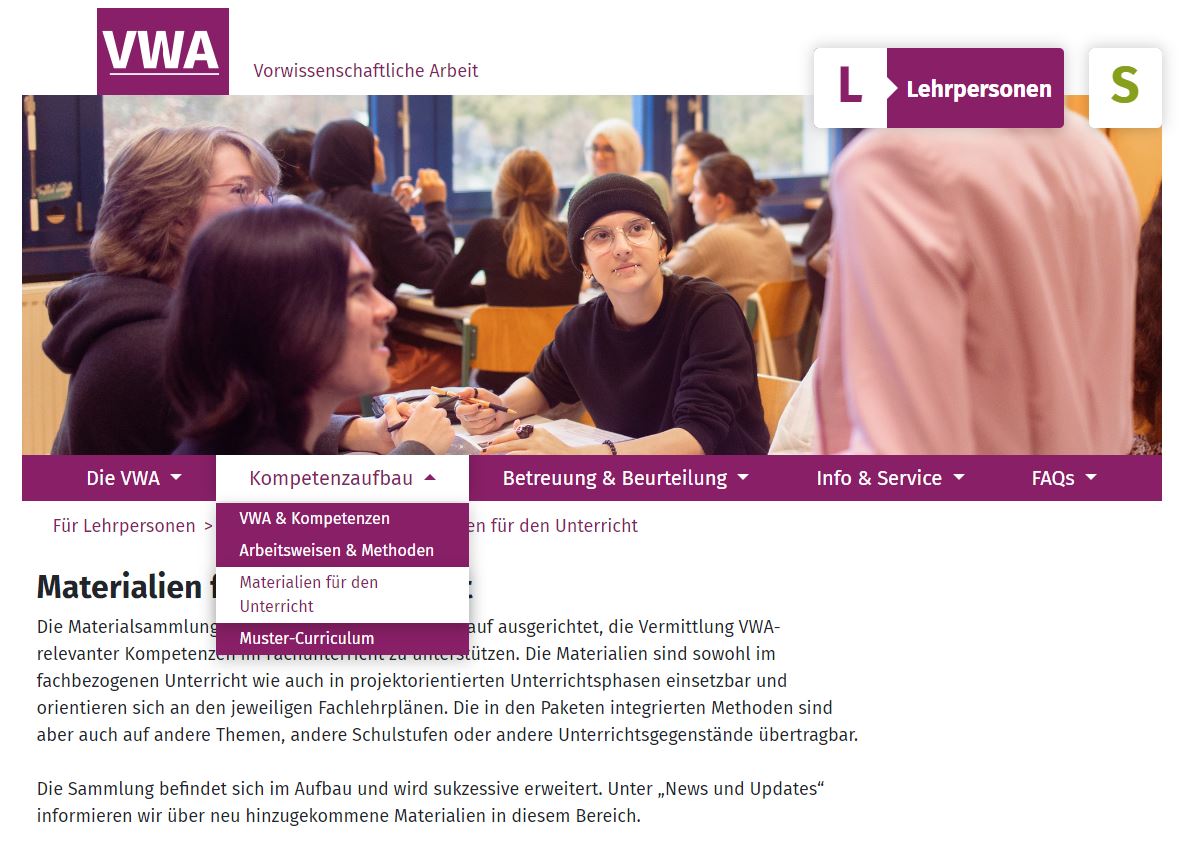 Die VWA-Website für Lehrkräfte und SchülerInnen bietet hilfreiche Informationen, Empfehlungen und Unterrichtsmaterialien (Foto: Screenshot www.ahs-vwa.at, Minitta Kandlbauer).