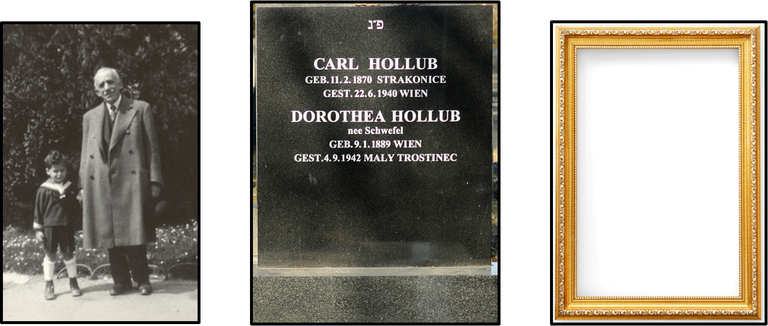 Links Carl Hollub, in der Mitte der Grabstein von Carl und Dorothea Hollub, Rechts ein leerer Rahmen - weil es von Dorothea Hollub kein Foto gibt