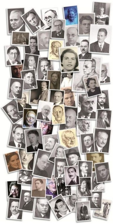 Collage "Vertriebene Studierende und Lehrende 1938"  Quelle: Gedenkbuch für die Opfer des Nationalsozialismus an der Universität Wien 1938