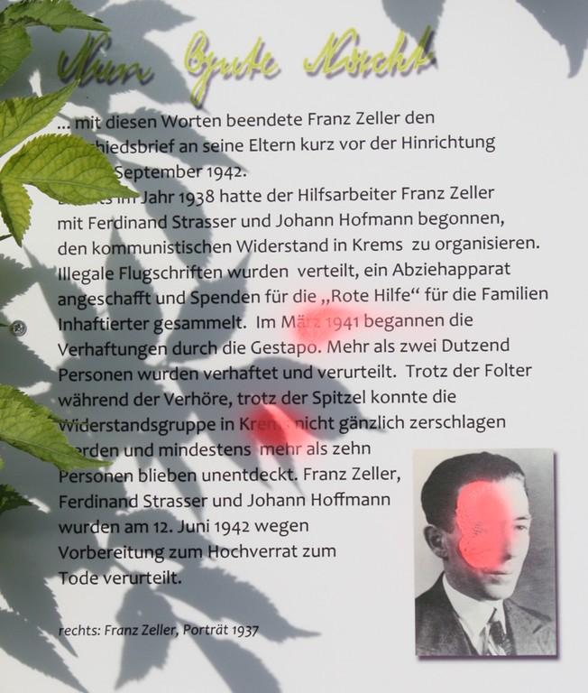 Bild des Widerstandkämpfers Franz Zeller wurde in Krems beschädigt