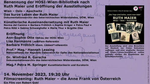 Benennung der HOSI-Wien-Bibliothek nach Ruth Maier und Ausstellungseröffnung